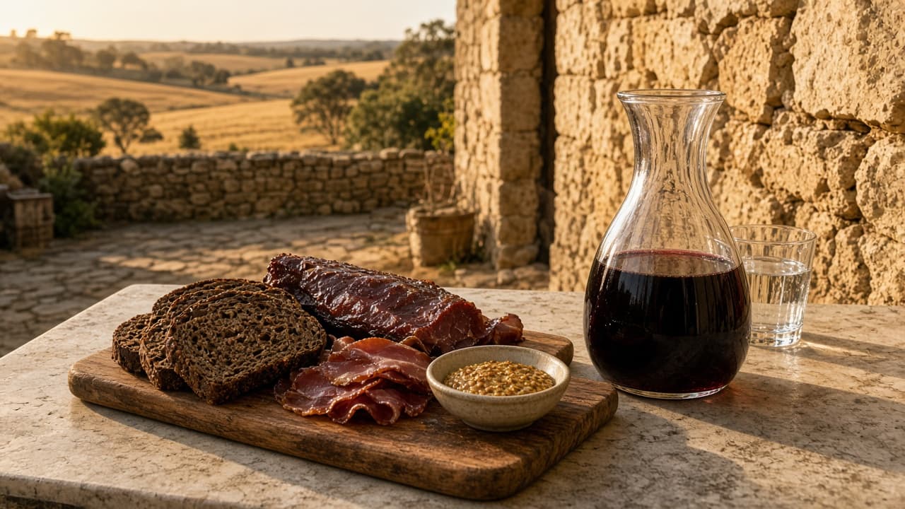 Barossa Valley stone winery courtyard with smoked meats, rye bread, mustard and a carafe of red wine