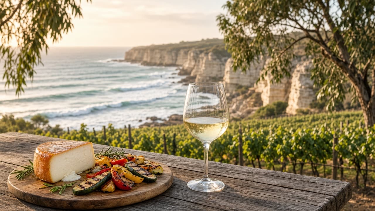 Margaret River coastal vineyard table with cheese and pale wine