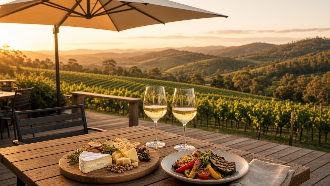 Yarra Valley vineyard terrace table with cheese and wine at golden hour