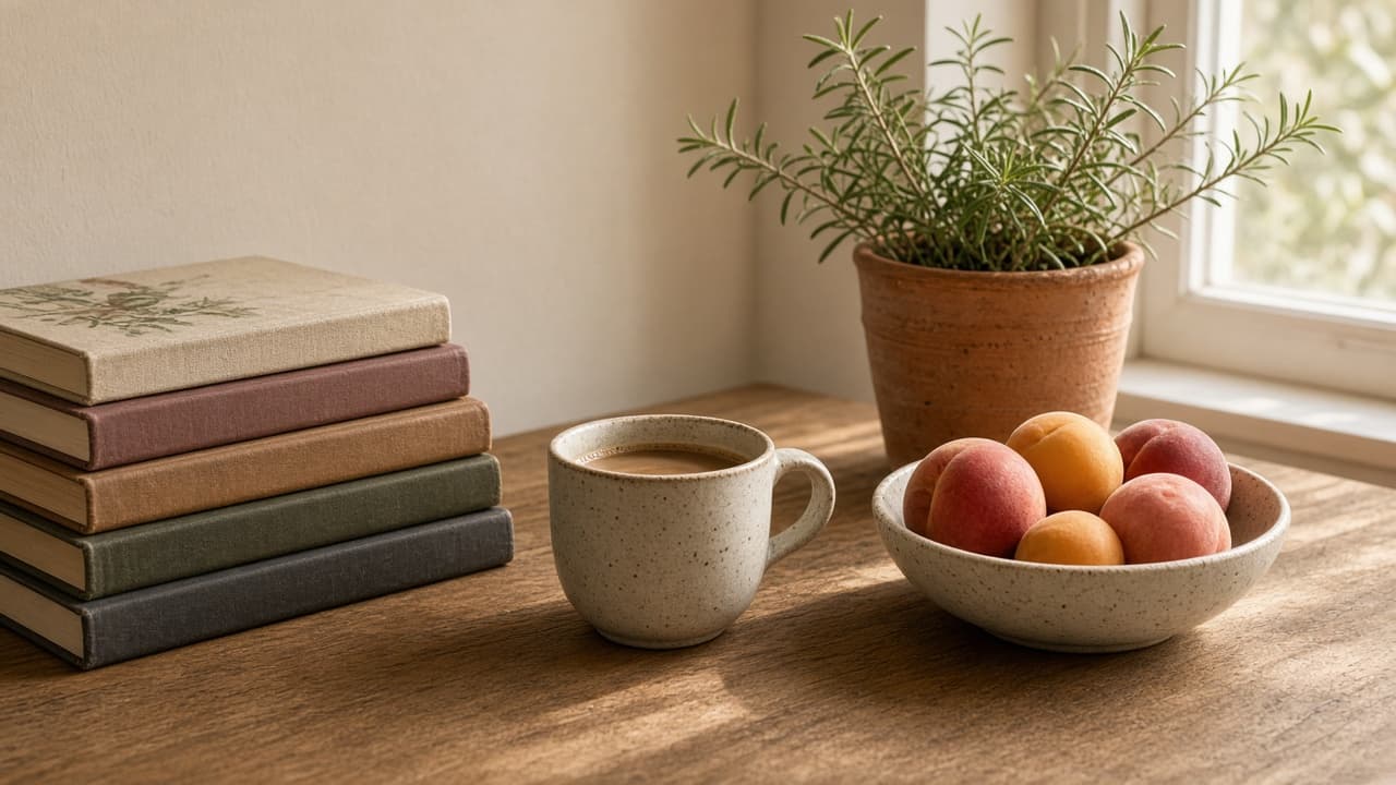 Quiet editorial desk in morning light — cookbooks, coffee and rosemary