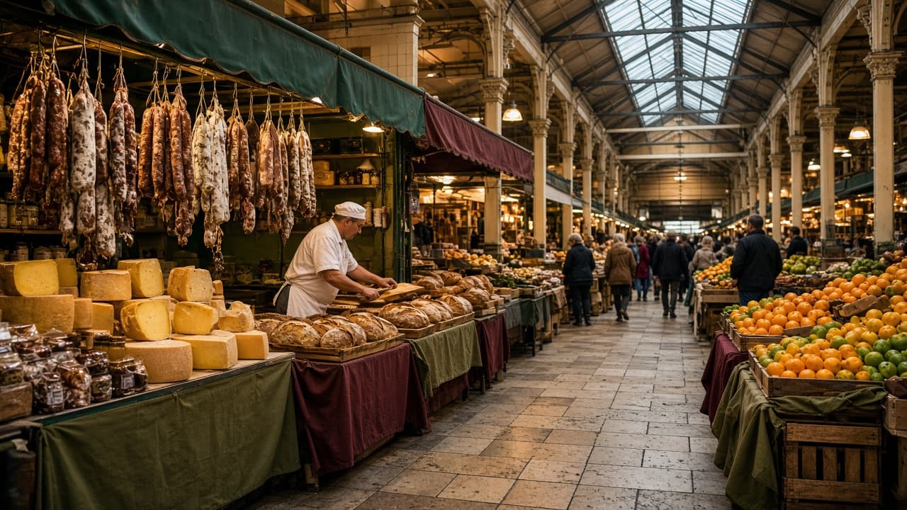 Historic produce market hall with hanging salumi, cheese wheels and crates of citrus