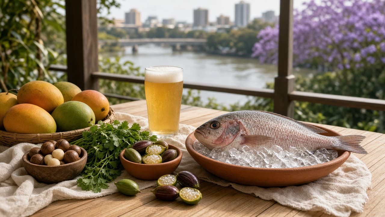 Brisbane verandah table with mangoes, reef fish, finger limes and macadamias in subtropical light