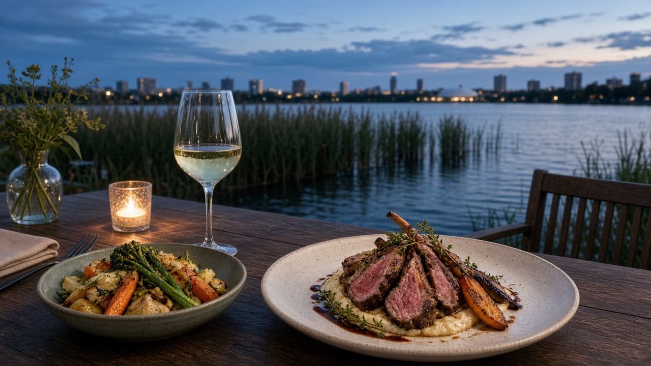 Canberra lakeside terrace table with seasonal vegetables and cool-climate wine at dusk