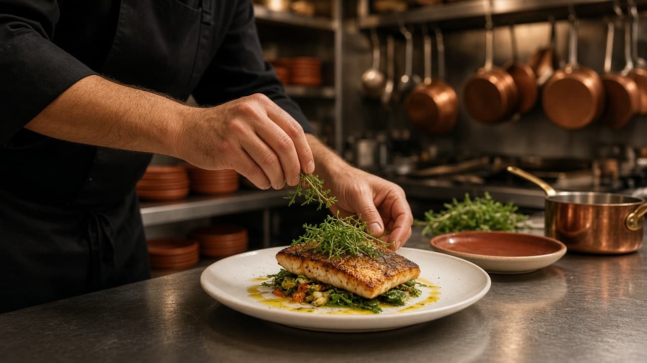 Chef at a stainless pass plating grilled fish and herbs in a warm Australian restaurant kitchen