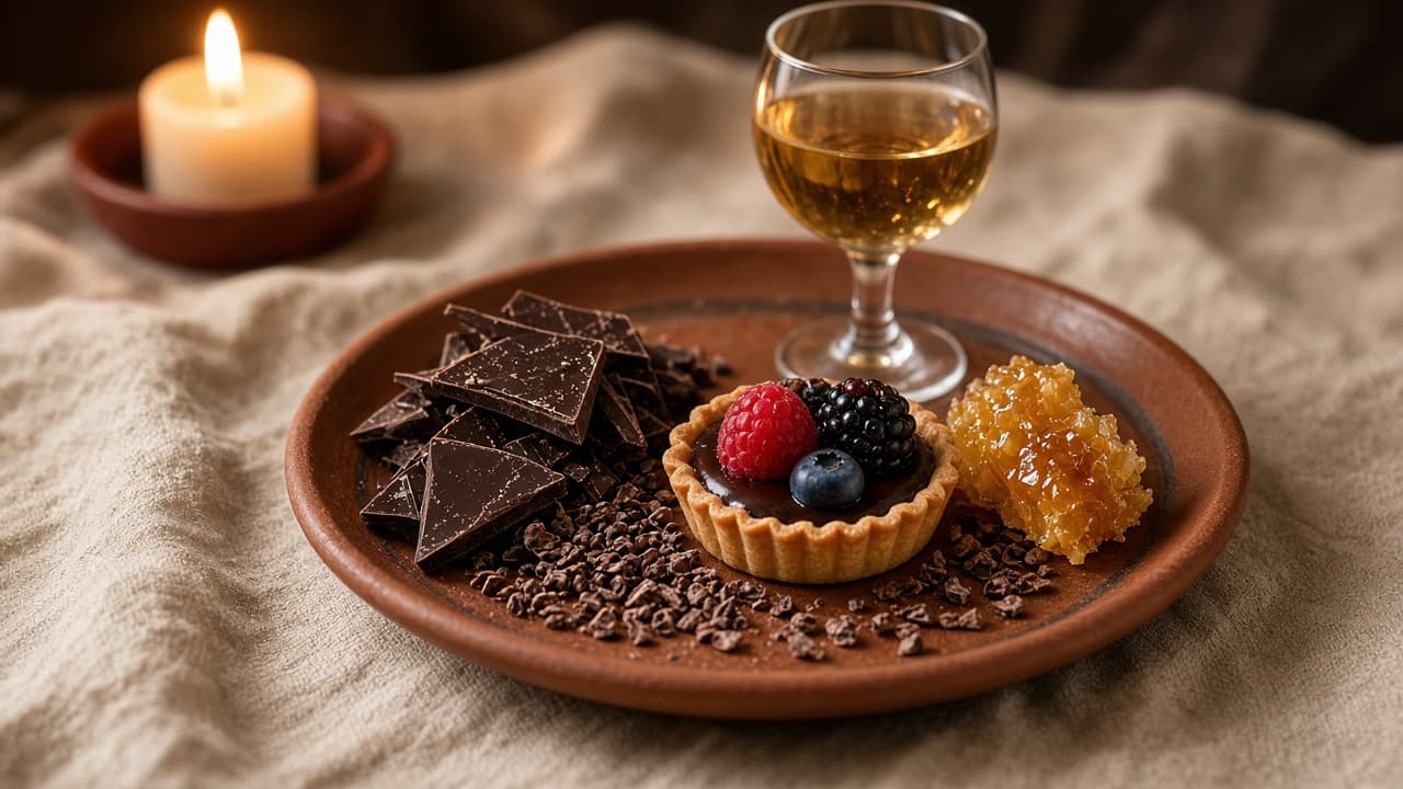 Chocolate and dessert tasting flight on cream linen with berries, honeycomb and a glass of dessert wine