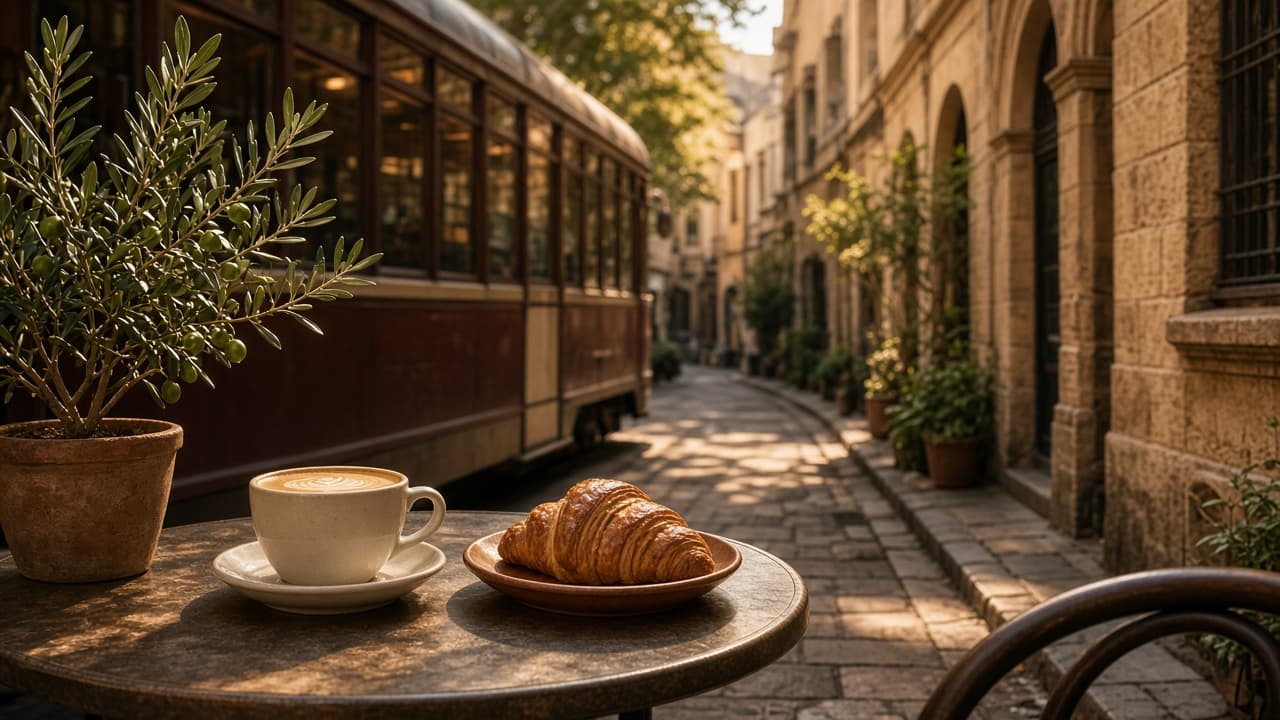 Australian city cafe table with coffee and pastry beside a sunlit laneway