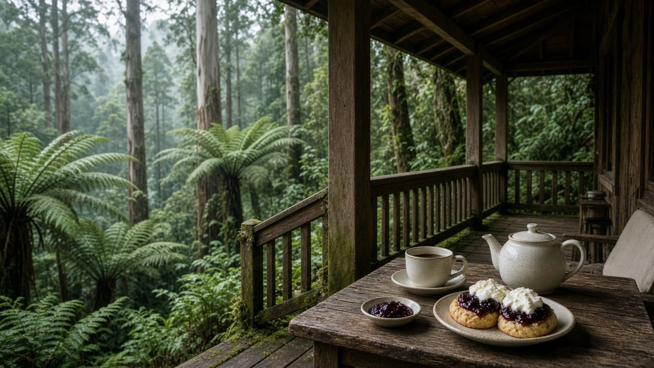 Blue Mountains village table with tea, jam and cool-climate baking