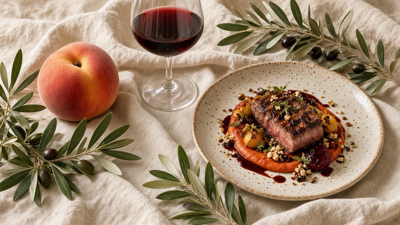 Overhead still life of a market peach, a cellar-door wine glass and a plated chef’s dish on cream linen
