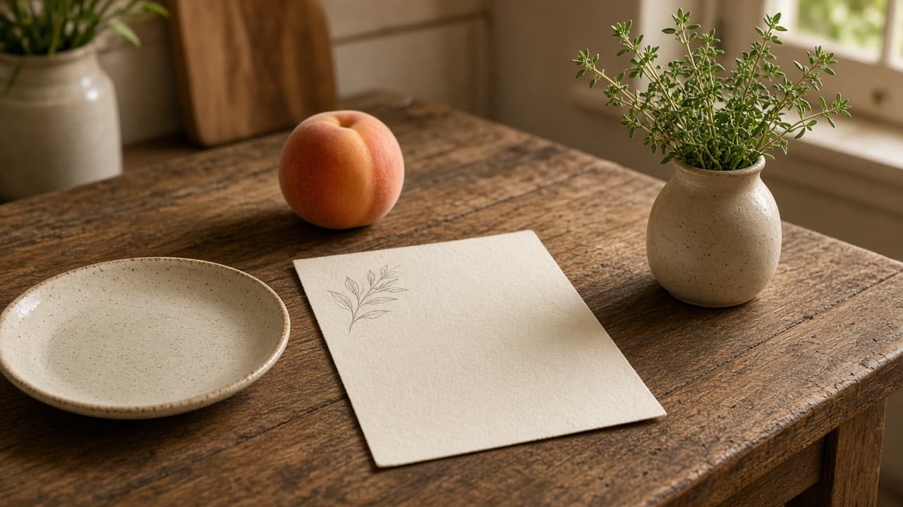 Warm Australian kitchen still life with a cream plate, herbs, a peach and a sketched card on timber