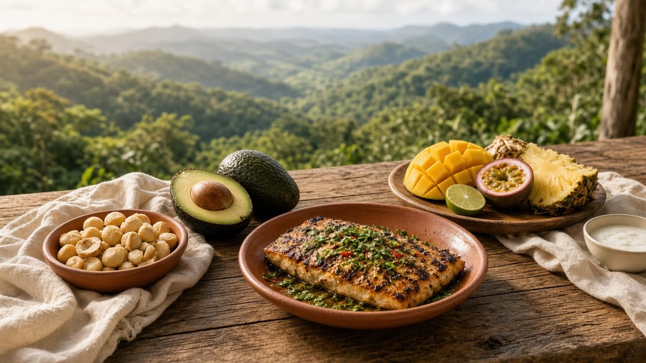 Gold Coast hinterland farm table with avocado, macadamia, tropical fruit and grilled reef fish