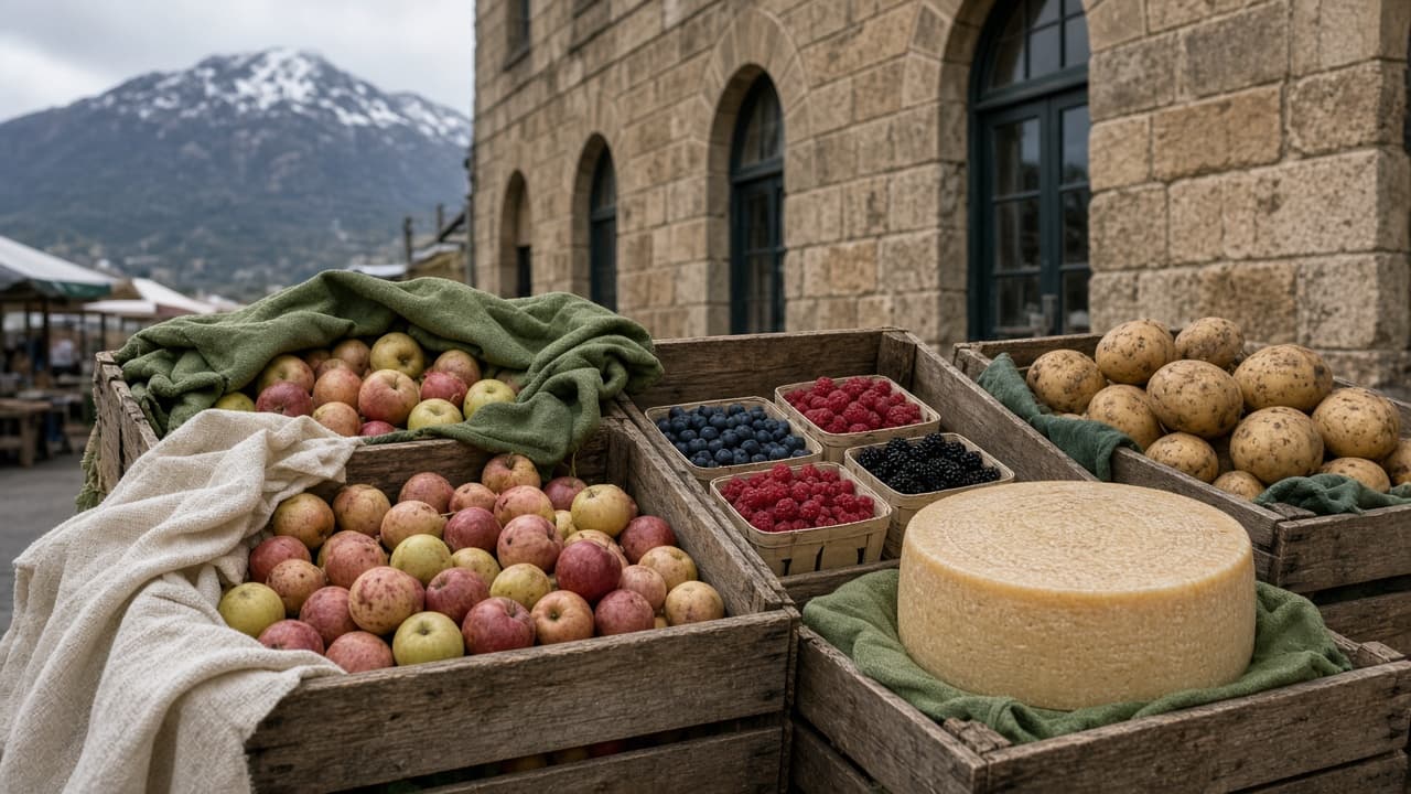 Hobart Saturday produce crates of Tasmanian apples, berries and cheese in cool southern light