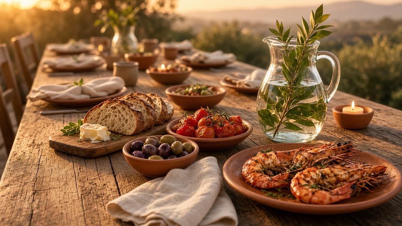 Long Australian shared table at golden hour with terracotta plates of grilled prawns, tomatoes, sourdough and lemon myrtle water