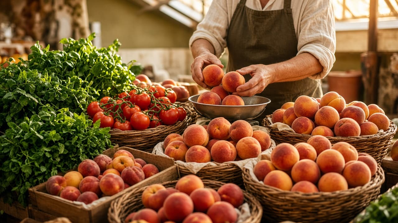 Busy Australian produce stall with stone fruit, basil, tomatoes on the vine and hands weighing peaches