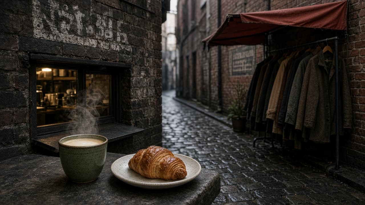 Melbourne cobblestone laneway cafe with coffee and a pastry in cool morning light