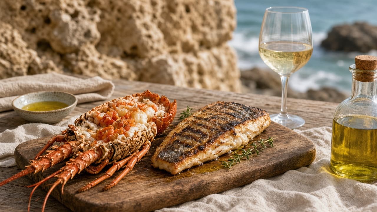 West Australian coastal lunch with rock lobster, grilled fish and pale wine against limestone