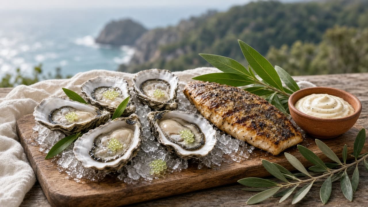 Freshly shucked oysters on ice with grilled fish, lemon myrtle and finger lime on a timber board