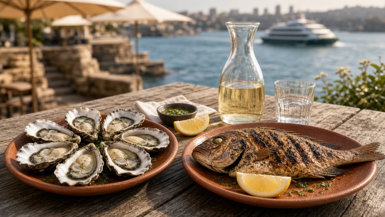 Sydney harbour-side seafood lunch with oysters and grilled fish