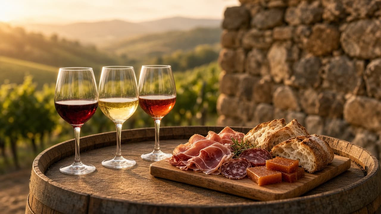 Australian cellar-door tasting with food pairing and vines in golden light